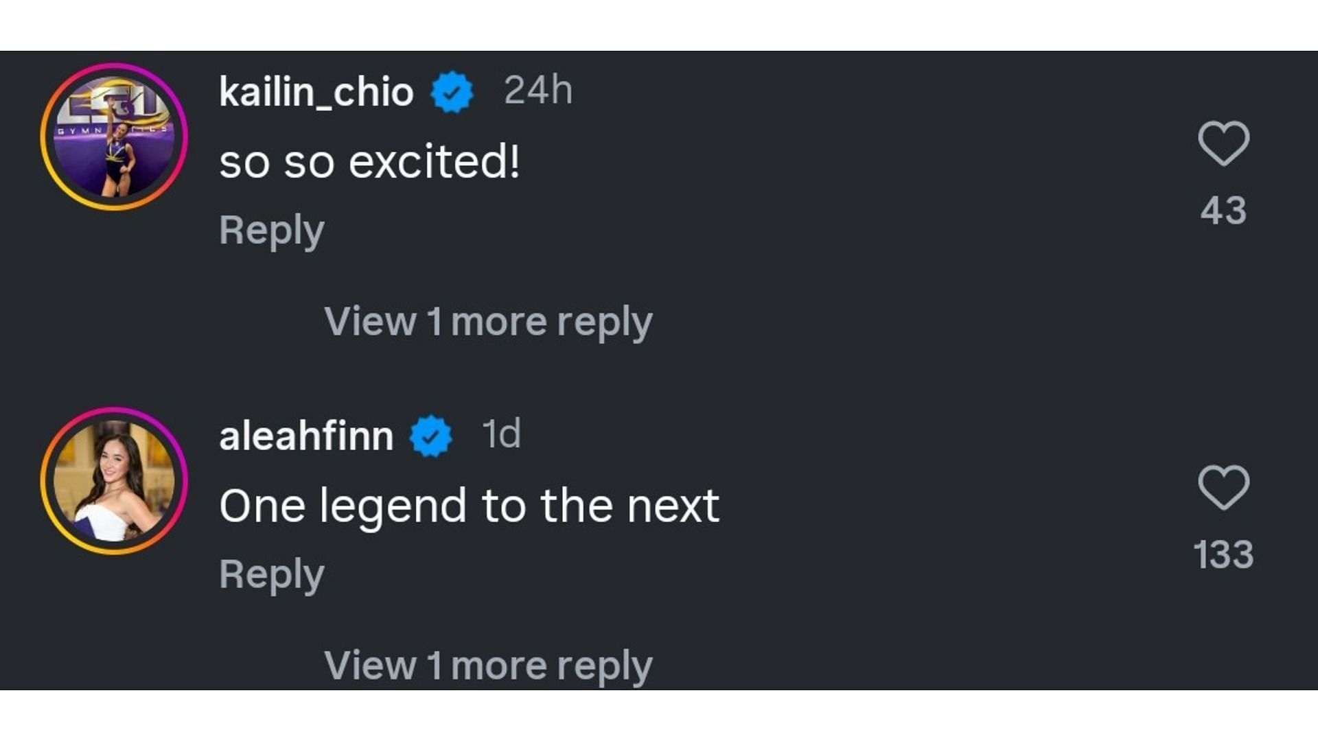 Screenshot of Chio and Finnegan's comment (Image via: @lsugym)